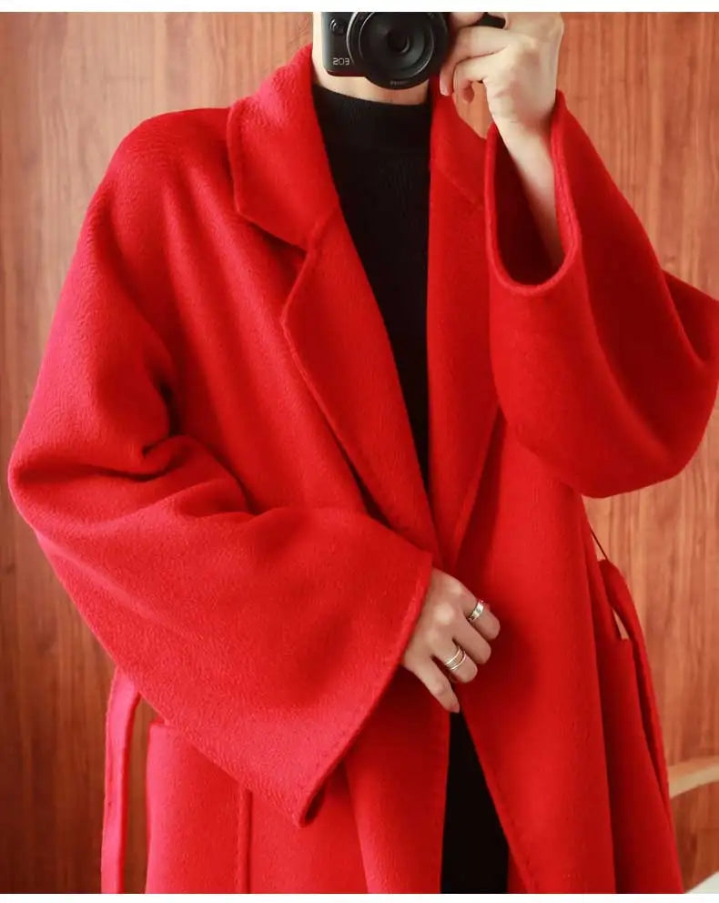 Women Double-Sided 20% Cashmere Wool Coat Jacket Women Long Beautiful Woolen Winter Autumn Warm Fashion Water Ripple Cloak