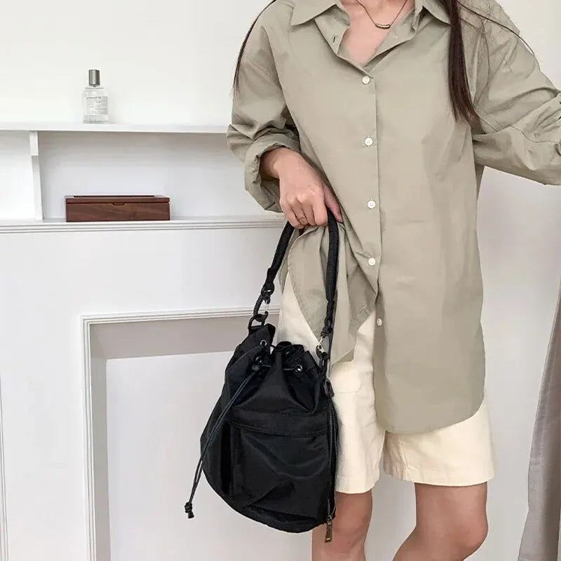 Women Tote Bag Shoulder Bag Nylon Waterproof Large Capacity Handbag Drawstring Crossbody Bag