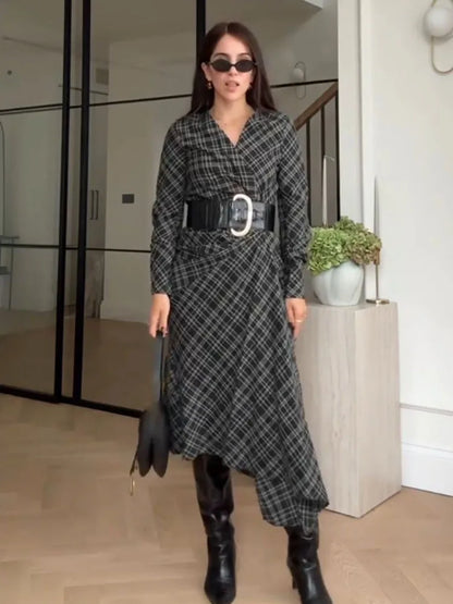 HH Woman Elegant V-Neck Plaid Pleated Decoration Long Sleeves Midi Dress Female Fashion High-Waist Asymmetric Hem Slim Dress