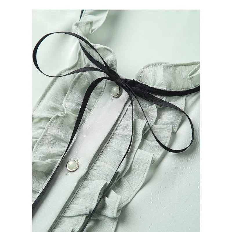 Women's Clothing Long-sleeved Chiffon Shirt Stand-up Collar French Tie High-end New Style Shirt Lace-up Top