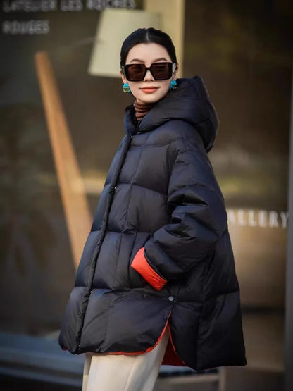 Winter Clothes for Women Fashion Color Collision Thickened Warm Puffer Jacket Casual Loose Hooded White Duck Down Jacket
