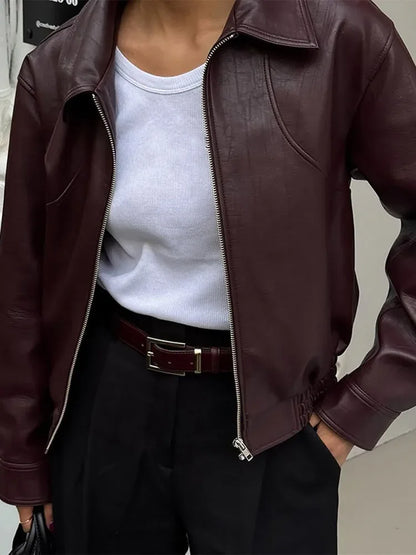 Burgundy PU Leather Lapel Jacket