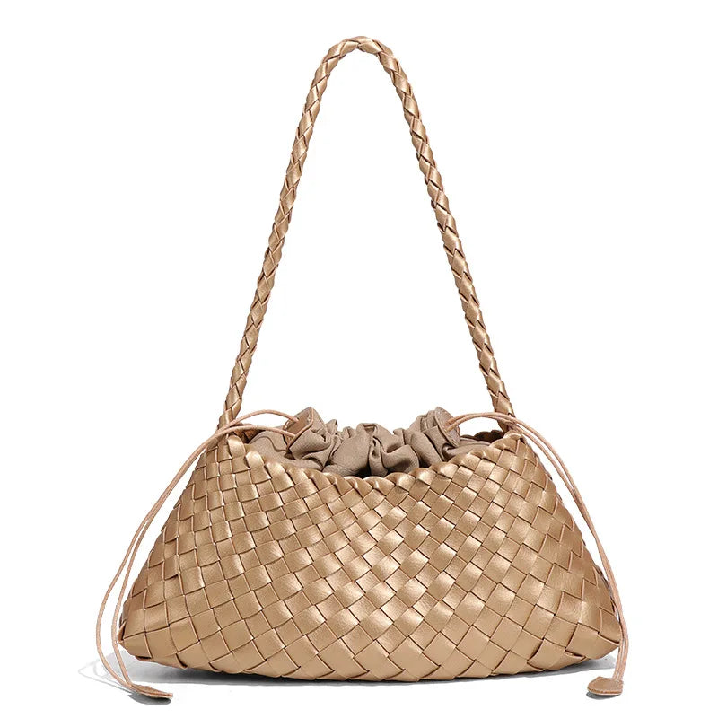 Women Handwoven Shoulder Bag Korean Casual Trendy Large Capacity Handbag Soft PU Leather Ladies Tote Bag Summer Underarm Bags