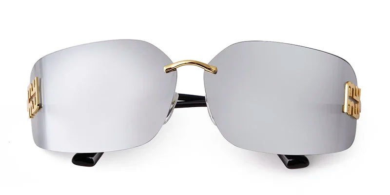 Luxury Metal Rimless Sunglasses Women Brand Design Rivets Letter Rectangle Curved Shades Funky Classic Sun Glasses Female