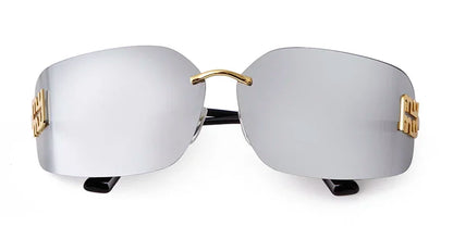 Luxury Metal Rimless Sunglasses Women Brand Design Rivets Letter Rectangle Curved Shades Funky Classic Sun Glasses Female
