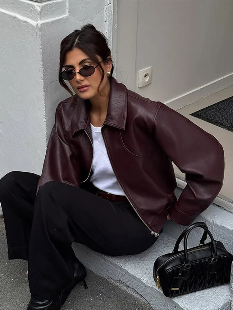 Burgundy PU Leather Lapel Jacket