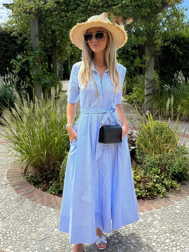 HH Woman Dresses Solid Turn-Down Collar Short Sleeve Pockets Bow Lace-Up Single-Breasted Female Fashion Long Dress 7 Color