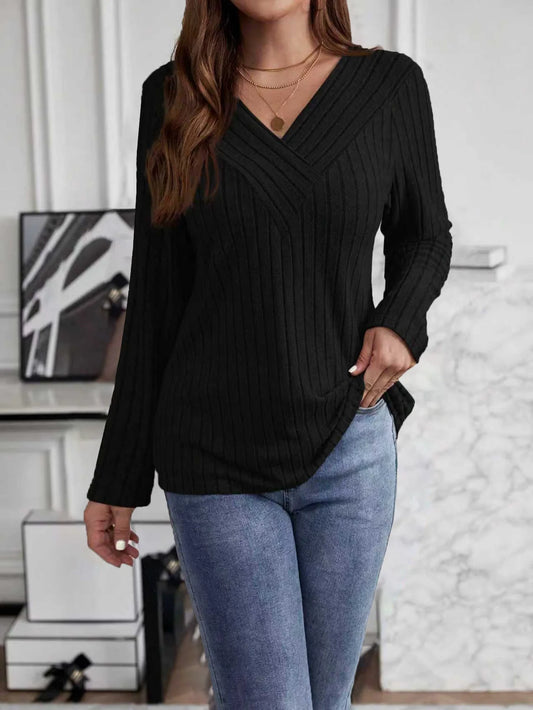 Woman Clothes V Neck Ribbed Knit Sweater Long Sleeve Loose Fit Casual Pullover Tops with Multiple Colors