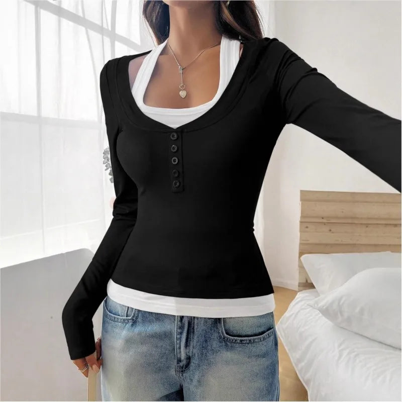 New Women's Blouses T-shirt Spring Fall Fashion Slim Halter Neck Fake Two-piece Stretch Long-sleeve Top Women Casual Clothing