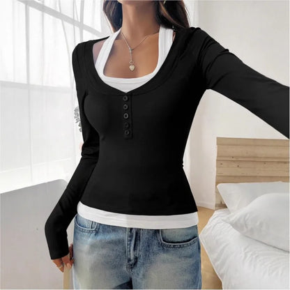 New Women's Blouses T-shirt Spring Fall Fashion Slim Halter Neck Fake Two-piece Stretch Long-sleeve Top Women Casual Clothing