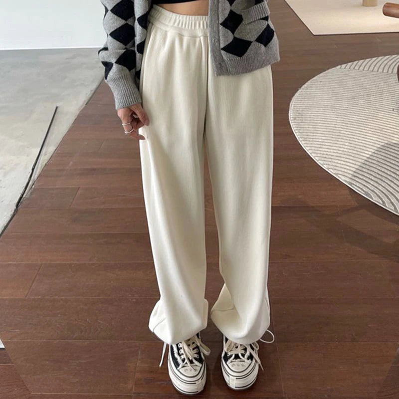 Winter Warm Thicken Trousers Women Fleece Inside Casual Wide Leg Pants Woman Casual Soild Color Straight Sports Pants Female