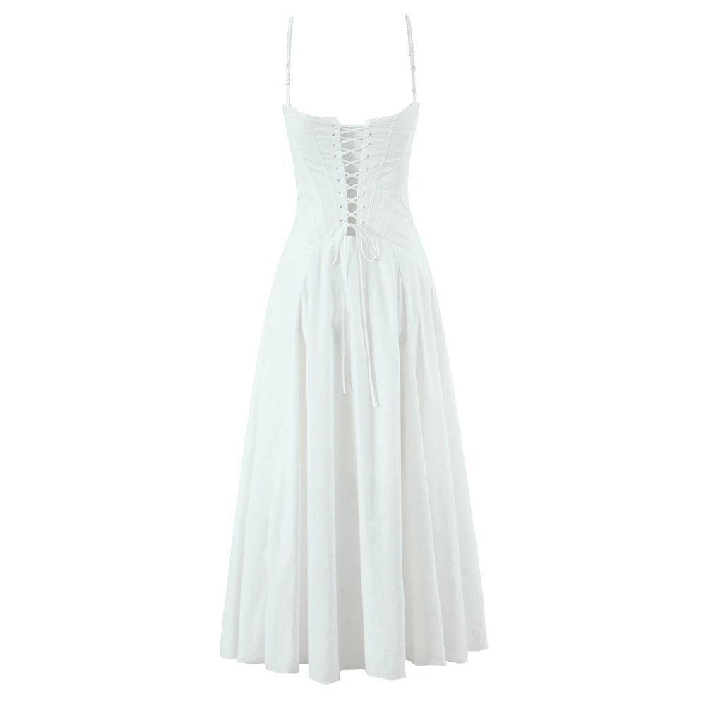 Women Dress 2025 New Fashion Summer Vintage White Lace-Panelled Cotton Dresses for Women Elegance Chic Ladies Midi Dress