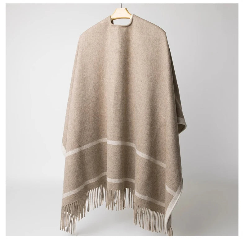 Fashion Clock Women Shawl Sweater 100% Wool Shawl Warm Female Mixed-use Cloak Autumn Winter Scarf French Tassel Cozy Wrap Clothi