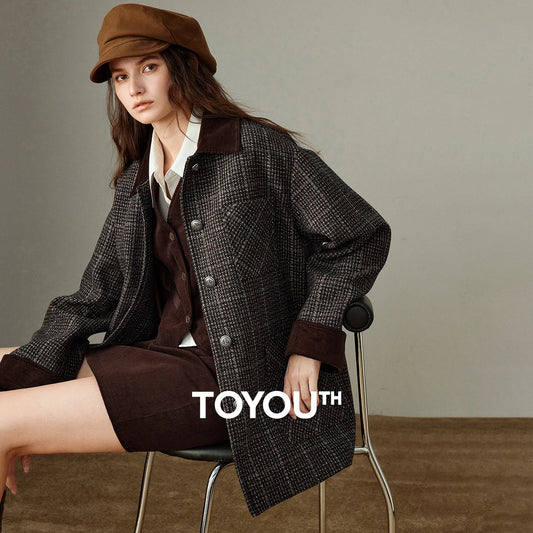 TOYOUTH Women Coat 2025 Winter New 100% Sheep Wool Corduroy Plaid Patterned Patchwork Woolen Coat