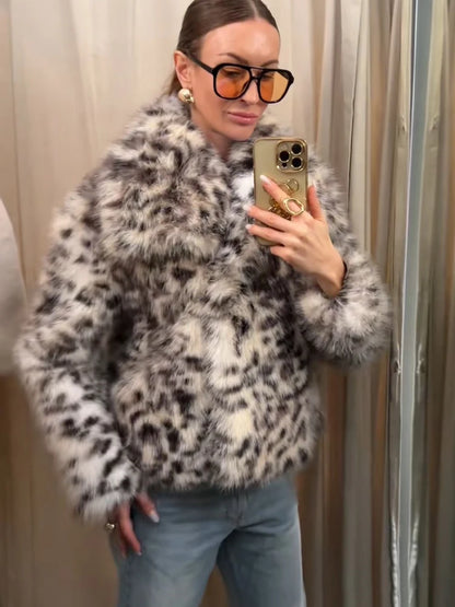 HH Woman's Fashion Coats Print Turn-Down Collar Long Sleeves Pockets Single-Breasted Female Winter Elegant Warm Jackets