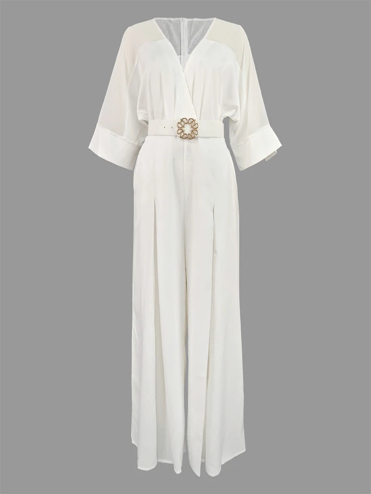 2025 New White Elegat One-piece Suit for Urban Women V-neck Mesh Patchwork Raglan Sleeve Belted Wide Leg Jumpsuit Party Overall