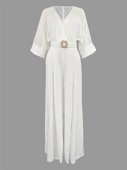 2025 New White Elegat One-piece Suit for Urban Women V-neck Mesh Patchwork Raglan Sleeve Belted Wide Leg Jumpsuit Party Overall