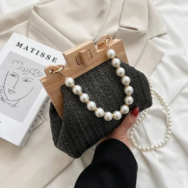 Fashion Weave Straw Shoulder Bag for Women New Summer Wooden Top Handle Clip Bag Luxury Designer Handbags Trend Female Handbag