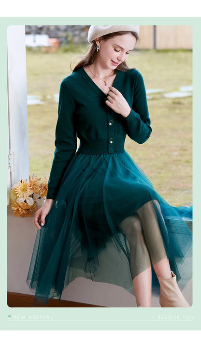 I BELIEVE YOU Dresses for Women 2025 Spring Retro V-neck Pullover Knitted Long Sleeve Patchwork Gauze Woman Clothes 2214133903