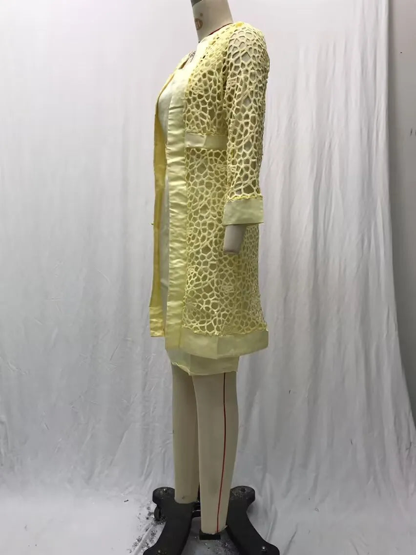 Wein Lace Cardigan Dress with Two Coats Lady Female Woman Skirt Dresses Coat Set Suit Hollow Out Cotton and Linen Formal Office