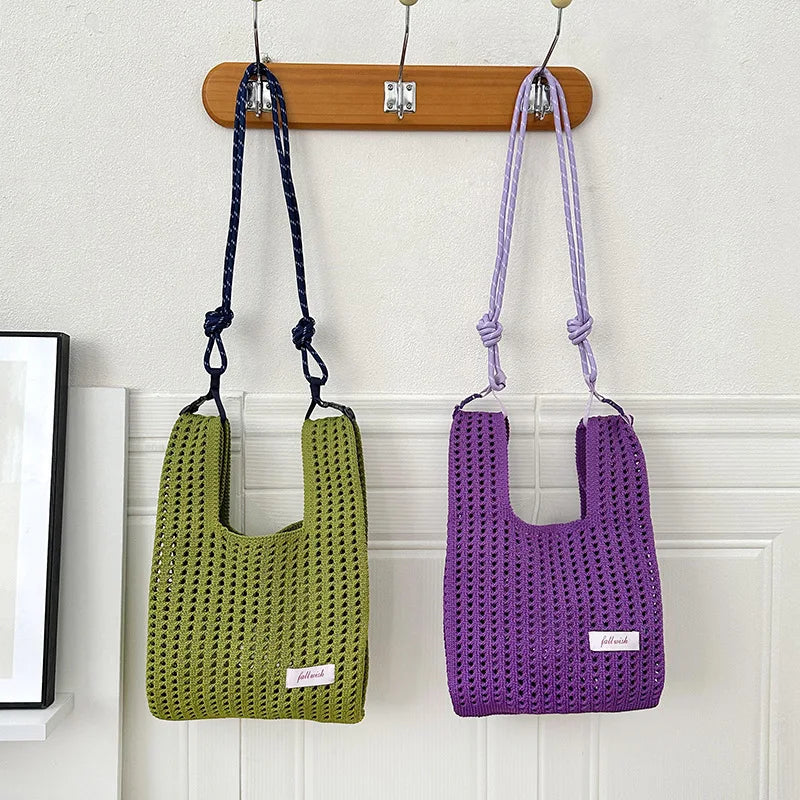 Handmade Knit Handbag Women Mini Knot Wrist-bag Female Casual Color Wide Stripe Plaid Tote Bag Student Reusable Shopping Bag