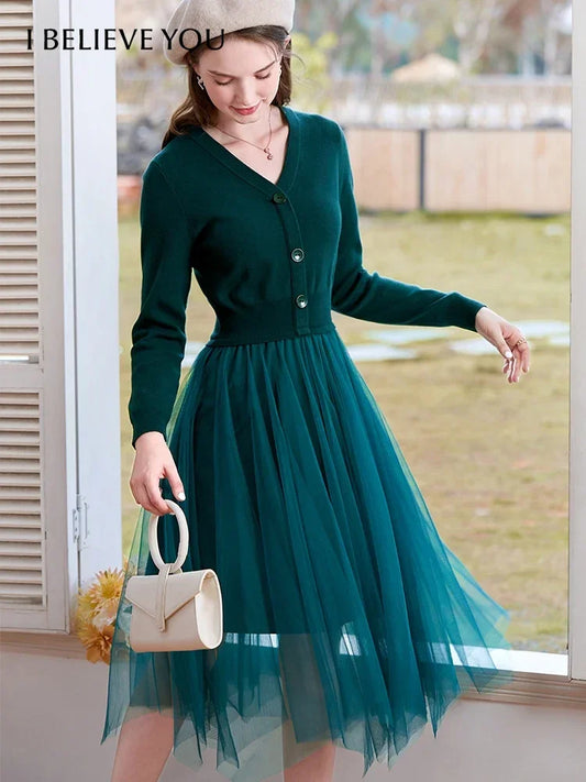 I BELIEVE YOU Dresses for Women 2025 Spring Retro V-neck Pullover Knitted Long Sleeve Patchwork Gauze Woman Clothes 2214133903