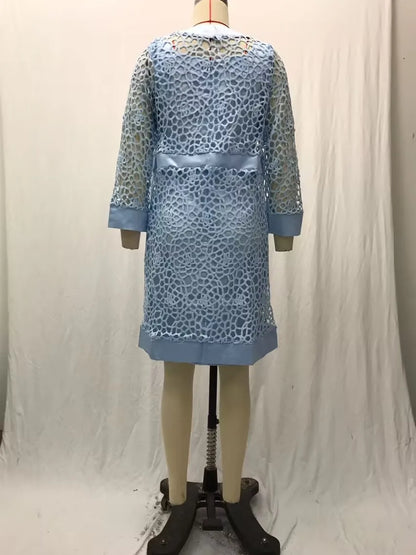 Wein Lace Cardigan Dress with Two Coats Lady Female Woman Skirt Dresses Coat Set Suit Hollow Out Cotton and Linen Formal Office