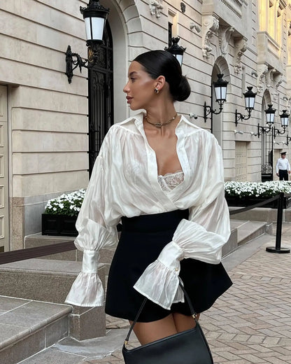 Women's Clothing 2025 Autumn New Sweet Fresh Loose Lapel Lantern Sleeve Long Sleeve Shirt Ladies Tops