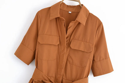 HH Woman Dresses Solid Turn-Down Collar Short Sleeve Pockets Bow Lace-Up Single-Breasted Female Fashion Long Dress 7 Color