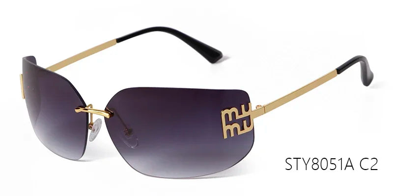 Luxury Metal Rimless Sunglasses Women Brand Design Rivets Letter Rectangle Curved Shades Funky Classic Sun Glasses Female
