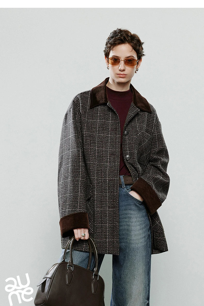 TOYOUTH Women Coat 2025 Winter New 100% Sheep Wool Corduroy Plaid Patterned Patchwork Woolen Coat