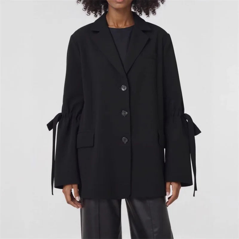Women's Black Blazer Top with Bell Sleeves Bow Tie Cuffs Elegant Lapel Casual Jacket Drawstring Waist Loose Fit Office Outerwear