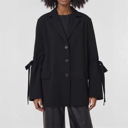 Women's Black Blazer Top with Bell Sleeves Bow Tie Cuffs Elegant Lapel Casual Jacket Drawstring Waist Loose Fit Office Outerwear