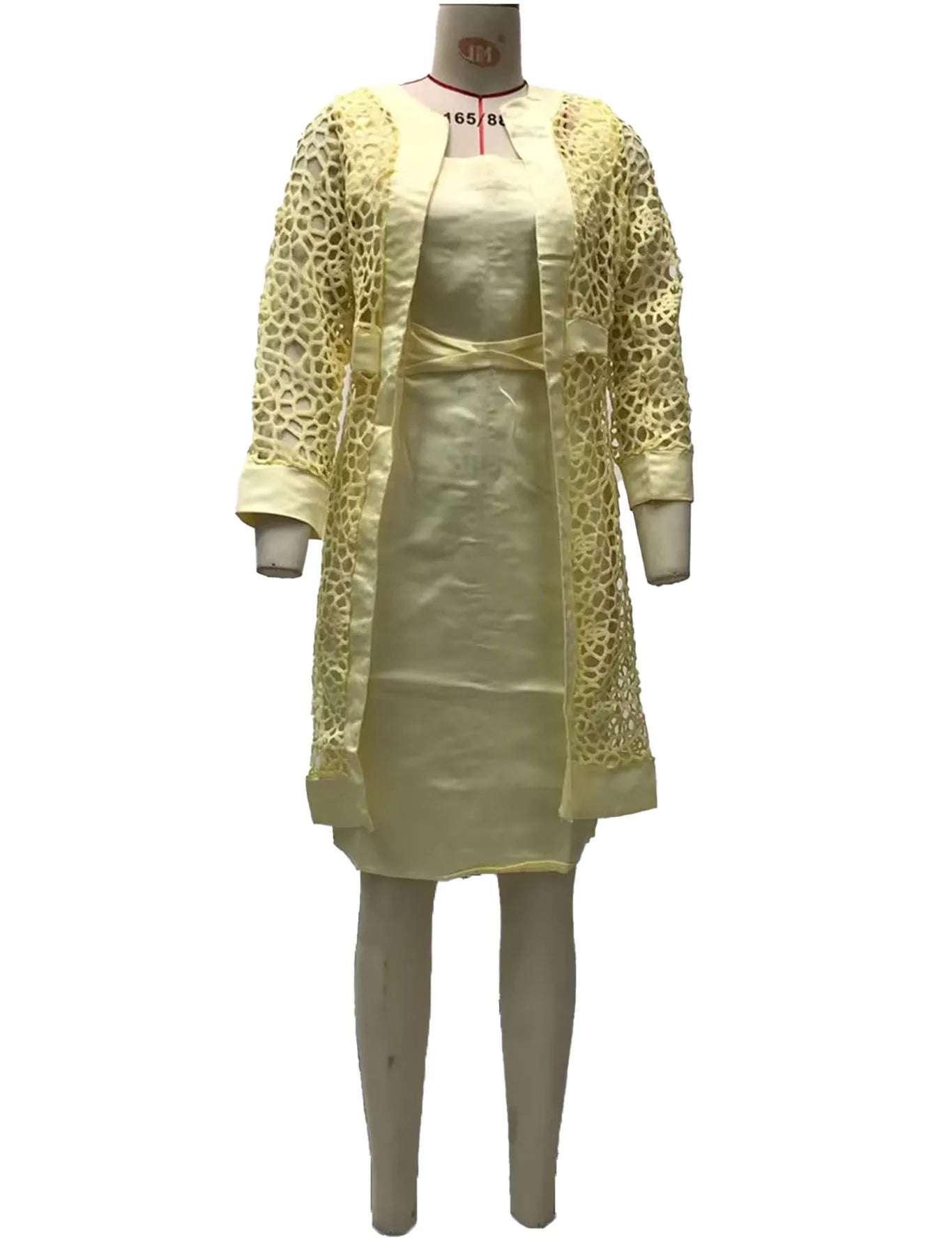 Wein Lace Cardigan Dress with Two Coats Lady Female Woman Skirt Dresses Coat Set Suit Hollow Out Cotton and Linen Formal Office