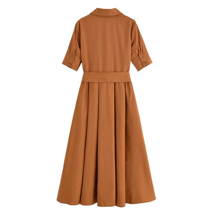 HH Woman Dresses Solid Turn-Down Collar Short Sleeve Pockets Bow Lace-Up Single-Breasted Female Fashion Long Dress 7 Color