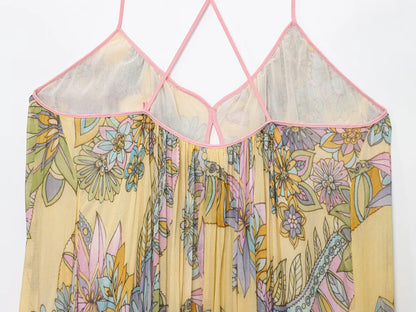 HH 2025 Woman's Summer Fashion V-neck Printed Sleeveless Dress Female Elegant Pleated Sexy Backless Casual Midi Long Dress