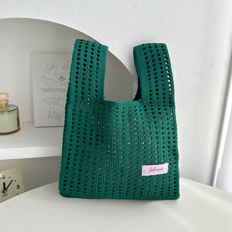 Handmade Knit Handbag Women Mini Knot Wrist-bag Female Casual Color Wide Stripe Plaid Tote Bag Student Reusable Shopping Bag