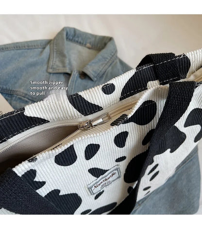 Ladies' one shoulder handbag, large capacity zipper commuting bag, corduroy retro artistic tote bag