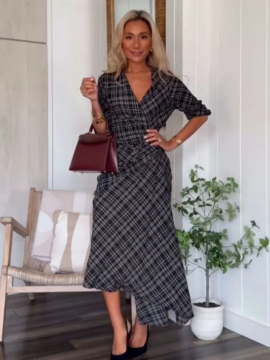 HH Woman Elegant V-Neck Plaid Pleated Decoration Long Sleeves Midi Dress Female Fashion High-Waist Asymmetric Hem Slim Dress