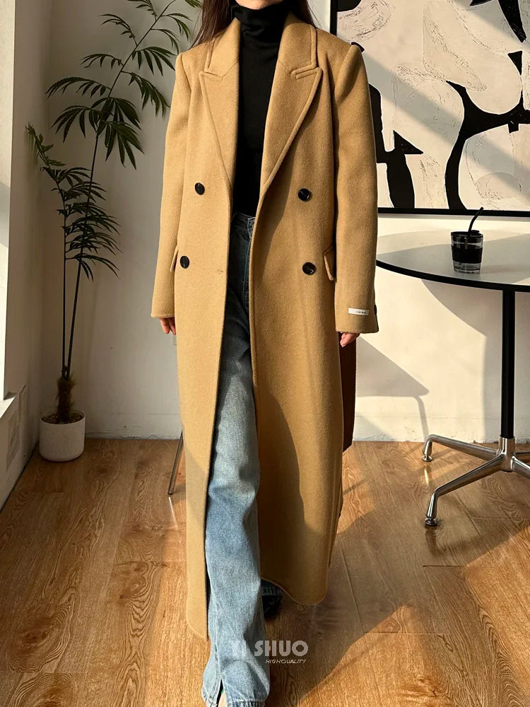 2025 New Women Elegant White Long Below The Knee Woolen Coat Winter Female High Sense Fashion Double-breasted Thicken Outwear