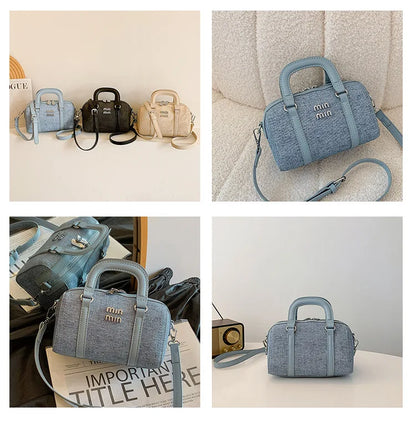 Fashion New Boston Denim HandBag For Women Single Shoulder Crossbody Barrel Satchel Handle Shoulder Bags