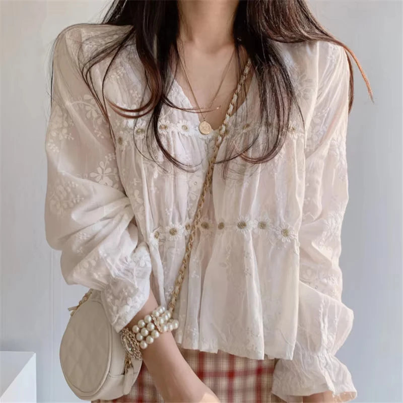 Women Fashion V-neck White Women Blouse Spring Flower Loose Hollow Shirt Korean Elegant Sweet Long Sleeve Short Tops Blusas