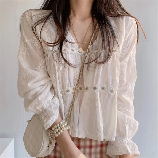 Women Fashion V-neck White Women Blouse Spring Flower Loose Hollow Shirt Korean Elegant Sweet Long Sleeve Short Tops Blusas