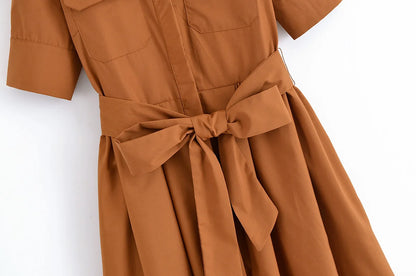 HH Woman Dresses Solid Turn-Down Collar Short Sleeve Pockets Bow Lace-Up Single-Breasted Female Fashion Long Dress 7 Color