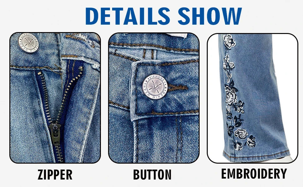 Plus Size Elegant Bootcut Denim Jeans for Women Tummy Control High Rise Curvy Fit Floral Design Slimming Dressy Jeans Pants