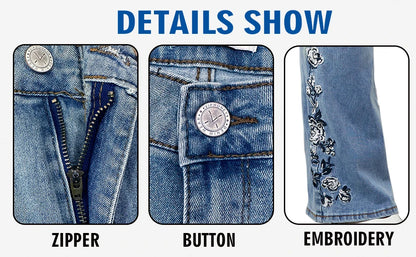 Plus Size Elegant Bootcut Denim Jeans for Women Tummy Control High Rise Curvy Fit Floral Design Slimming Dressy Jeans Pants