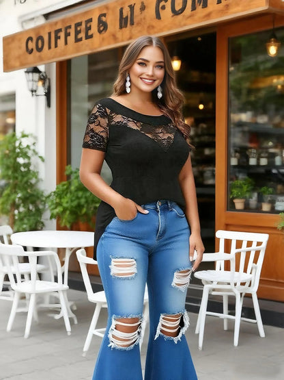 Women’s Plus Size Lace Panel Tunic Top,Short Sleeve Asymmetric Hem Flowy Blouse for Casual, Work, or Date Night Outfits