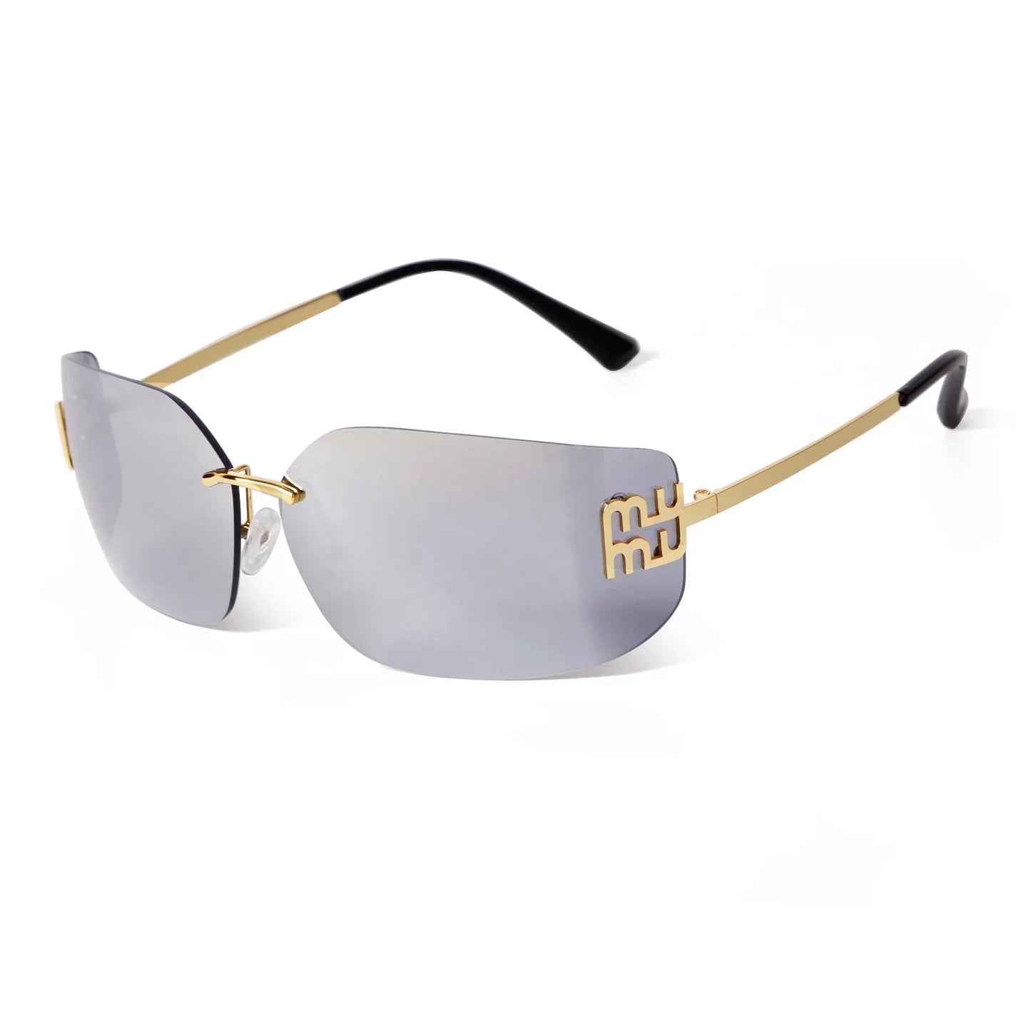 Luxury Metal Rimless Sunglasses Women Brand Design Rivets Letter Rectangle Curved Shades Funky Classic Sun Glasses Female