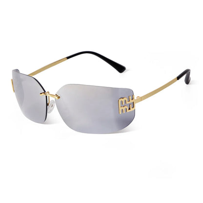 Luxury Metal Rimless Sunglasses Women Brand Design Rivets Letter Rectangle Curved Shades Funky Classic Sun Glasses Female