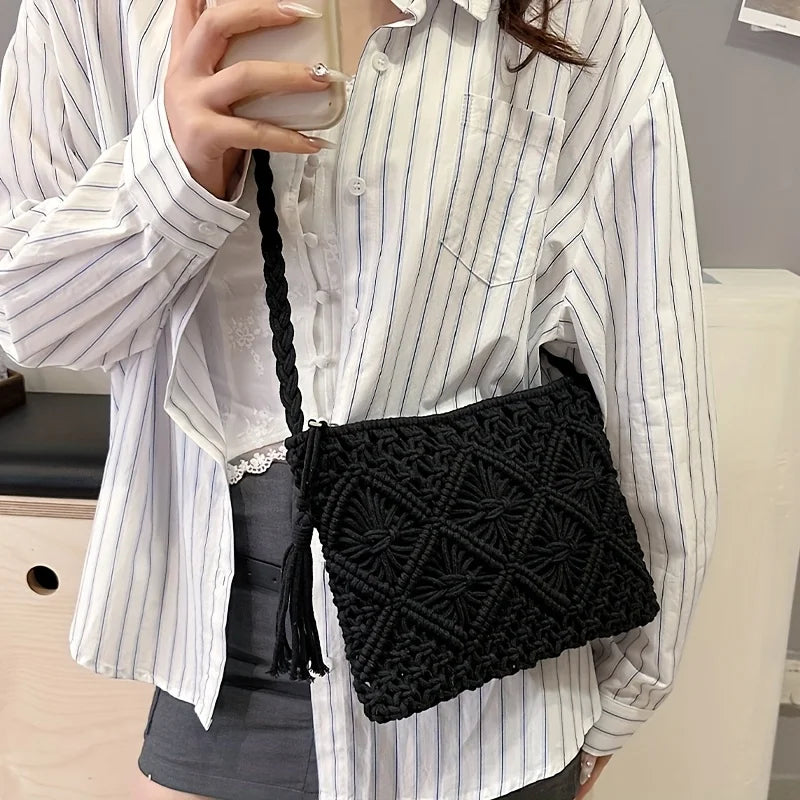1pc Boho Chic Handwoven Shoulder Bag for Women,Handwoven Cotton with Zipper & Tassel Details,Beach Bag,for Travel,Casual Outings